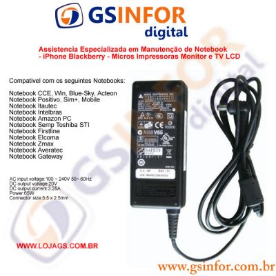 Fonte 100% original para notebook POSITIVO 19V 3,42A 65w em Brasília DF