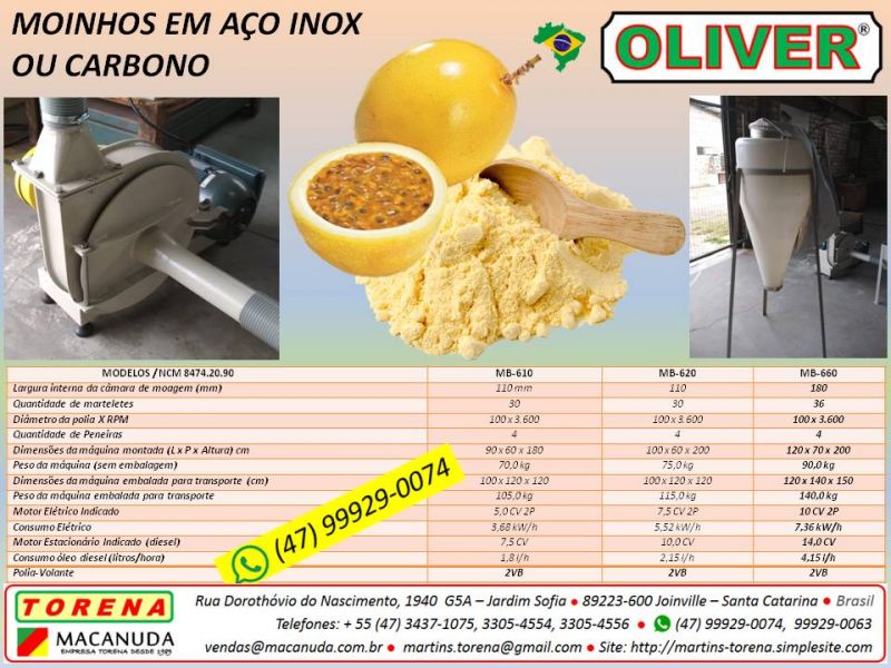 Moinho a martelos para farinha de casca de maracujá, marca Oliver