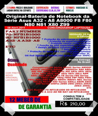 6 Cell Original-Bateria de Notebook da Série Asus A32 - A8 A8000 F8 F80 N80 N81 X80 Z99