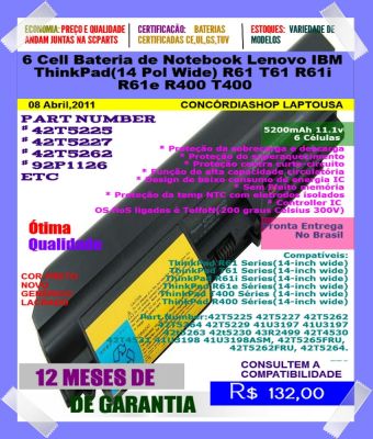 6 Cell Bateria de Notebook Lenovo IBM ThinkPad(14 Pol Wide) R61 T61 R61i R61e R400 T400