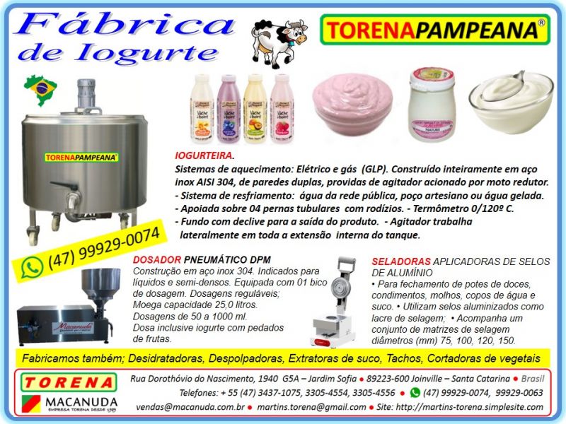 Fabricação de iogurte, iogurteiras industriais marca Torena