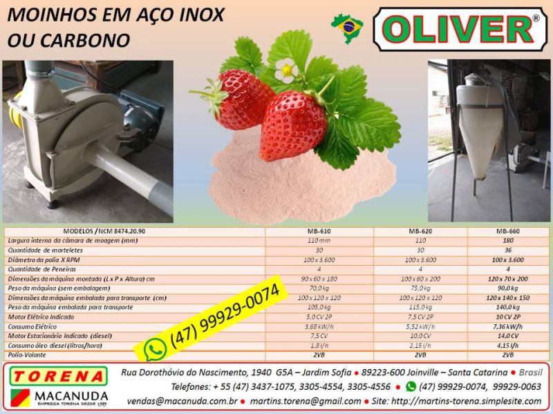 Monho industrial para farinha de morango, marca Oliver