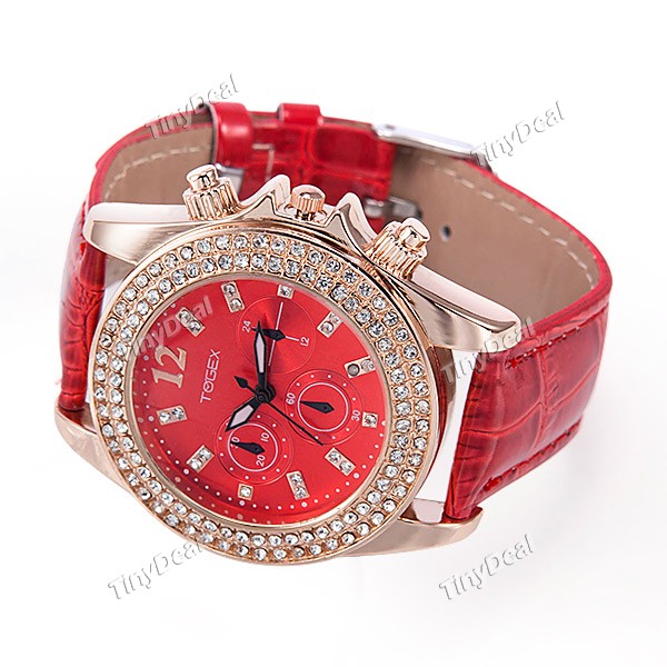 TOGEX) Moda PU Pulseira Couro Quartz Relógio Oulso Analógico Pedrinhas w/3 Sub Marcação Decor Mulher