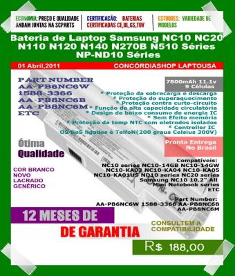 9 Cell Bateria de Laptop Samsung NC10 NC20 N110 N120 N140 N270B N510 Séries NP-ND10 Séries