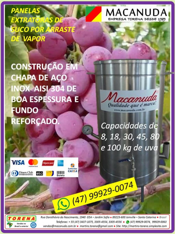 Panela suqueira a vapor capacidade 100 kg de uva marca Macanuda