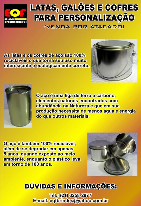 Latas, galões e Cofres Para Personalização