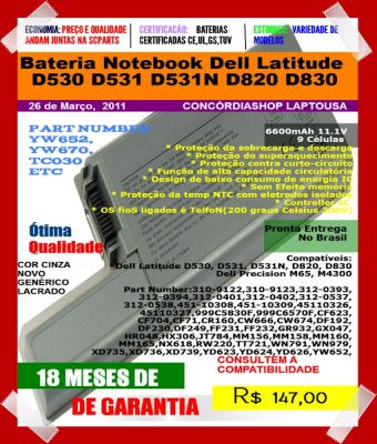 9 Cell Bateria Notebook Dell Latitude D530 D531 D531N D820 D830