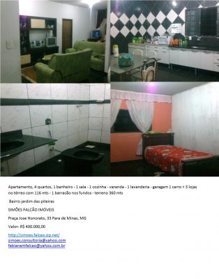 apartamento em para de minas, mg 4 quartos, 3 lojas e 1 baracão para locação 