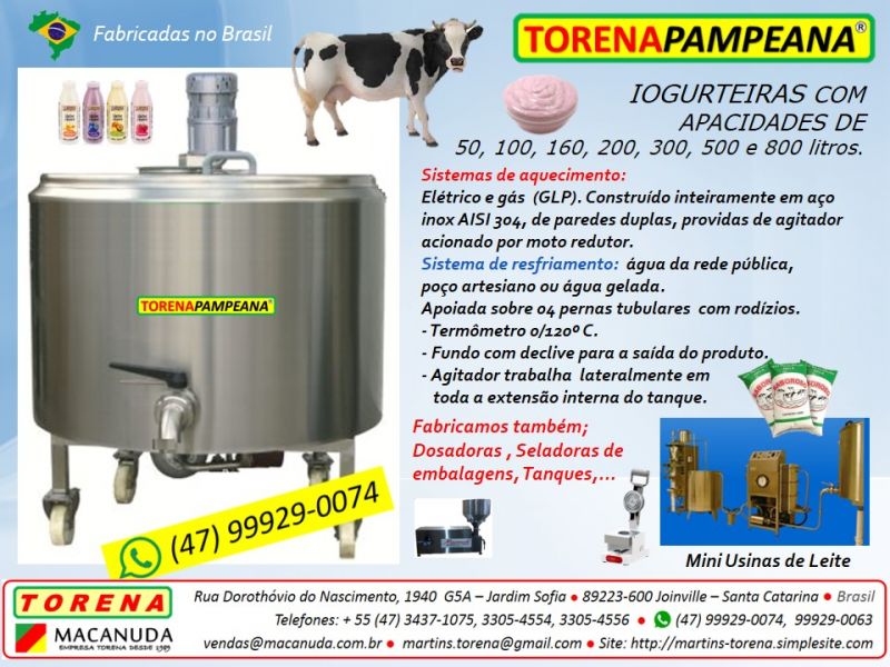 Máquina de fazer iogurte capacidade 100 litros, marca Torena 