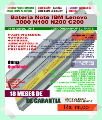 6 Cell Bateria Para Not Ibm Lenovo 3000 N100 N200 C200 Fru 92p1186
