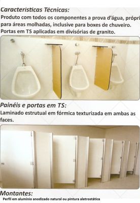 Divisórias Sanitárias em TS, Laminado estrutural,Divisórias para banheiro,Portas para banheiros.