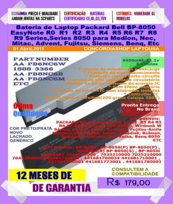 6 Cell Bateria de Laptop Packard Bell BP-8050 EasyNote R0 a R9 Series 8050 para Medion, Nec, Mitac, 