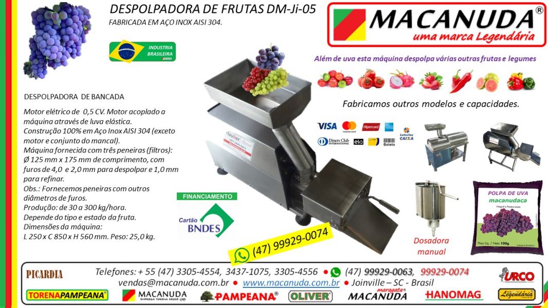 Despolpadeira de bancada construção aço inox marca Macanuda