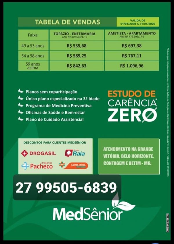 Tabela de preço plano Medsenior no Es (27) 99505-6839 