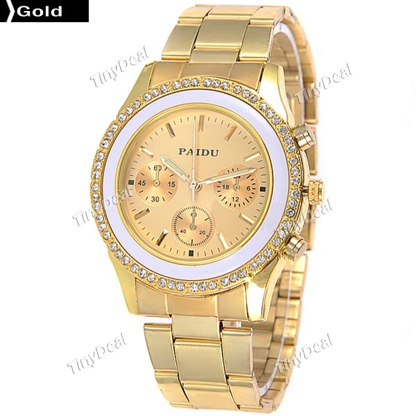    Moda Rodada Caso Quartz Relógio de pulso analógico Relógio com Aço Inoxidável & Pedrinhas para me