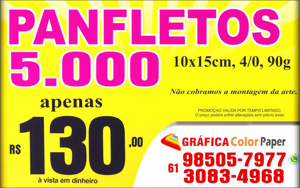5.000 Panfleto 10x15cm, 4/0, impressão frente, Papel Couchê 90g, por apenas R$ 130,00