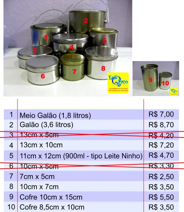 Latas, galões e Cofres Para Personalização
