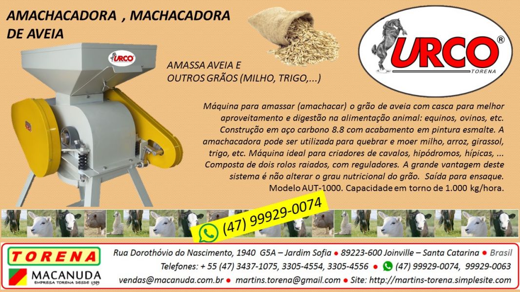 Máquina de amassar aveia para ração animal, Marca Urco Torena