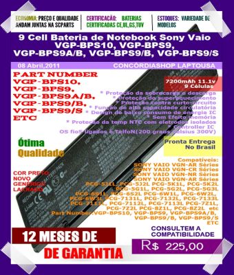 9 Cell Bateria de Notebook Sony Vaio VGP-BPS10, VGP-BPS9, VGP-BPS9A/B, VGP-BPS9/B, VGP-BPS9/S